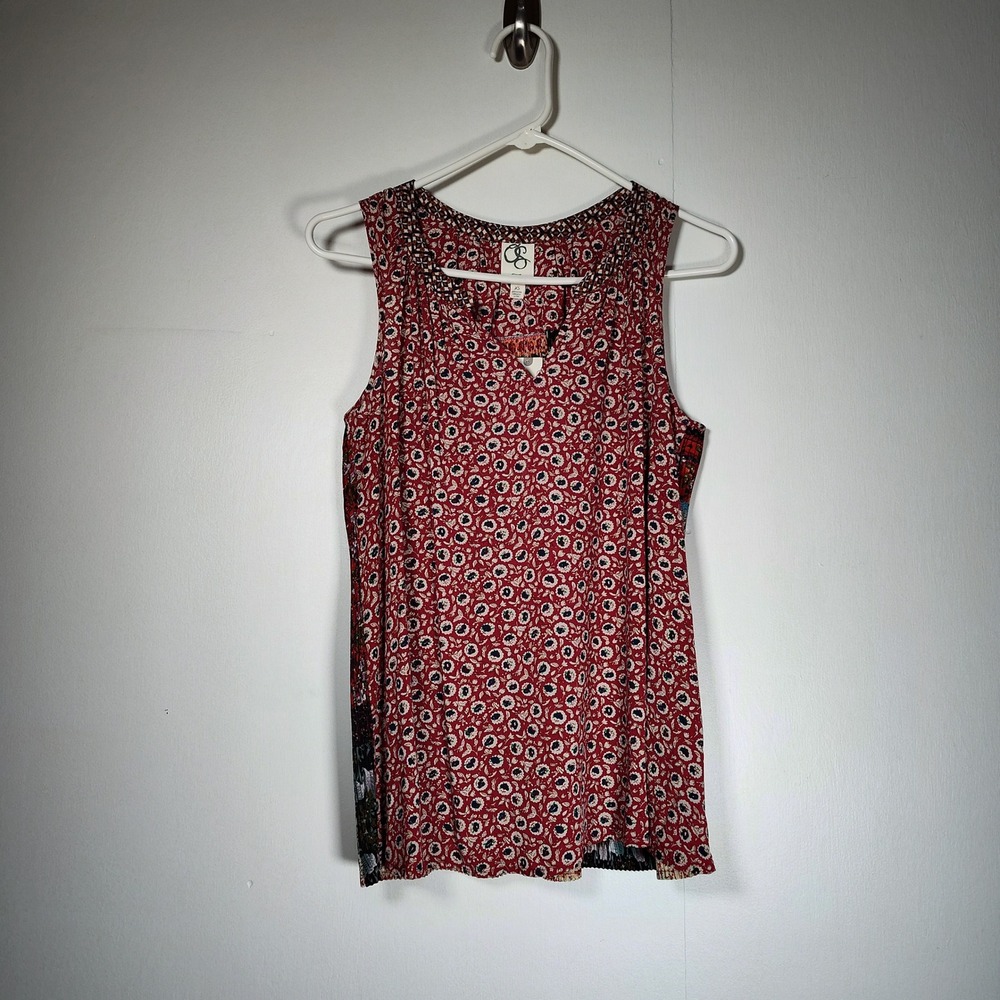 One September Anthropologie Mixed‎ Print Pleated Back Tank Top Wine Floral XS